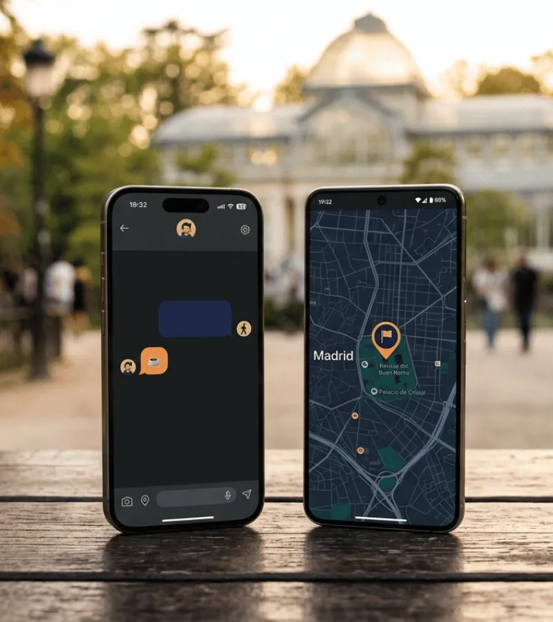 Conversación en la app Tribe entre dos viajeros organizando un plan en Madrid antes de su llegada