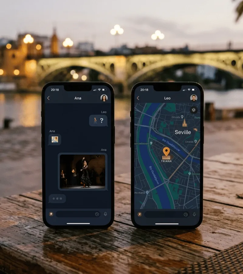 Conversación en la app Tribe entre dos viajeros organizando un plan en Sevilla antes de su llegada