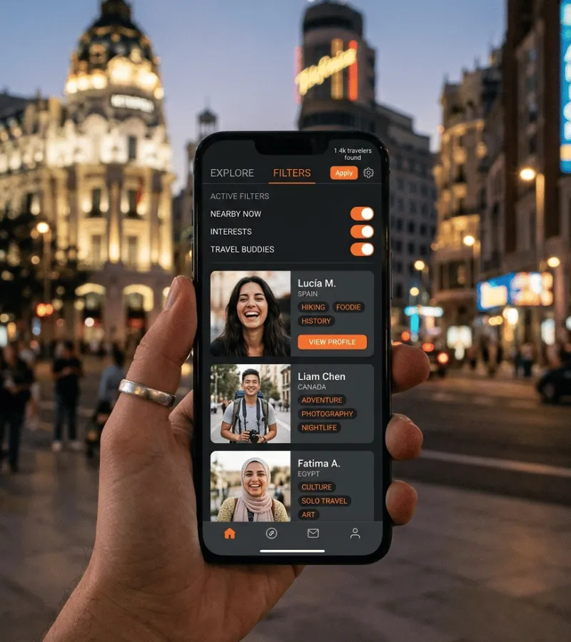 Interfaz de filtros de la app Tribe para encontrar viajeros por origen, idioma e intereses en Madrid