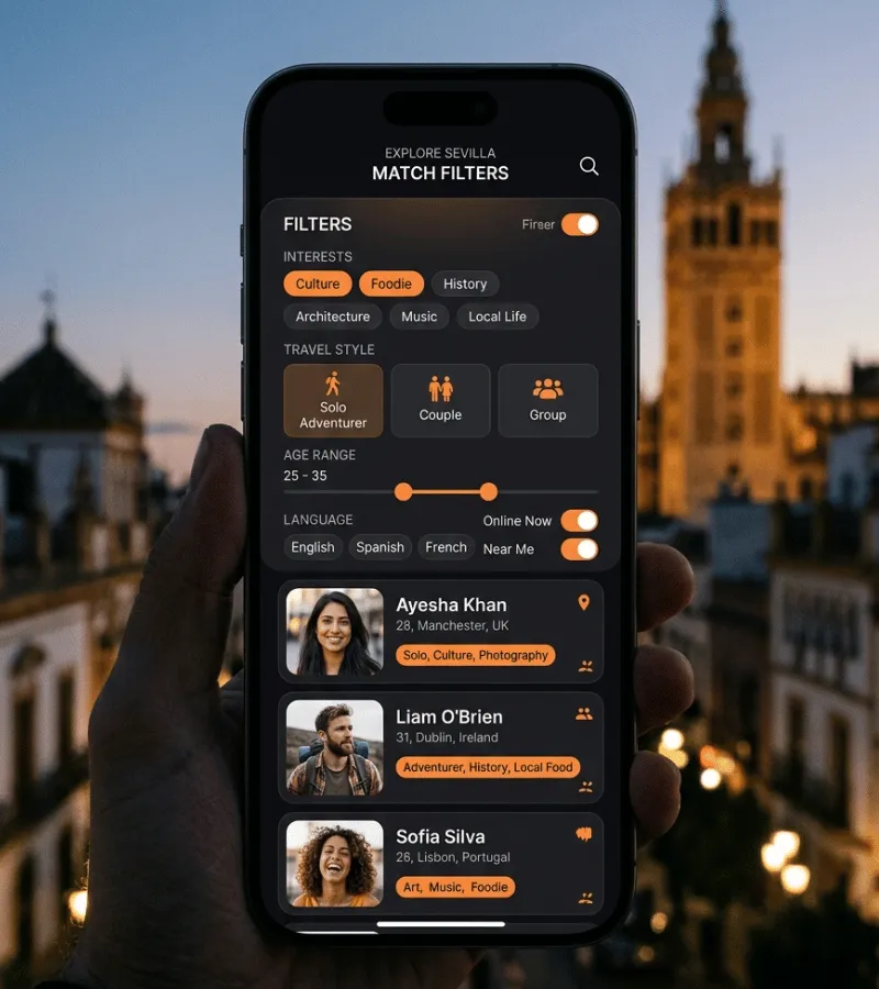 Interfaz de filtros de la app Tribe para encontrar viajeros por origen, idioma e intereses en Sevilla
