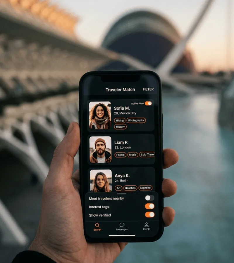 Interfaz de filtros de la app Tribe para encontrar viajeros por origen, idioma e intereses en Valencia