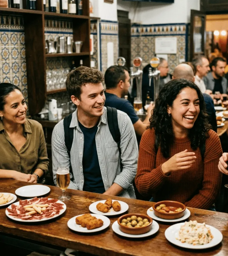 Grupo de viajeros compartiendo tapas en el centro histórico de Sevilla en una ruta organizada por la comunidad Tribe