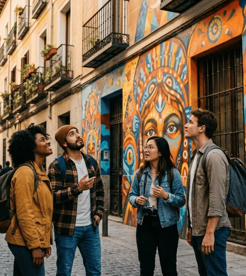 Grupo de viajeros recorriendo el barrio de Lavapiés en Madrid en una ruta de arte urbano organizada por la comunidad Tribe