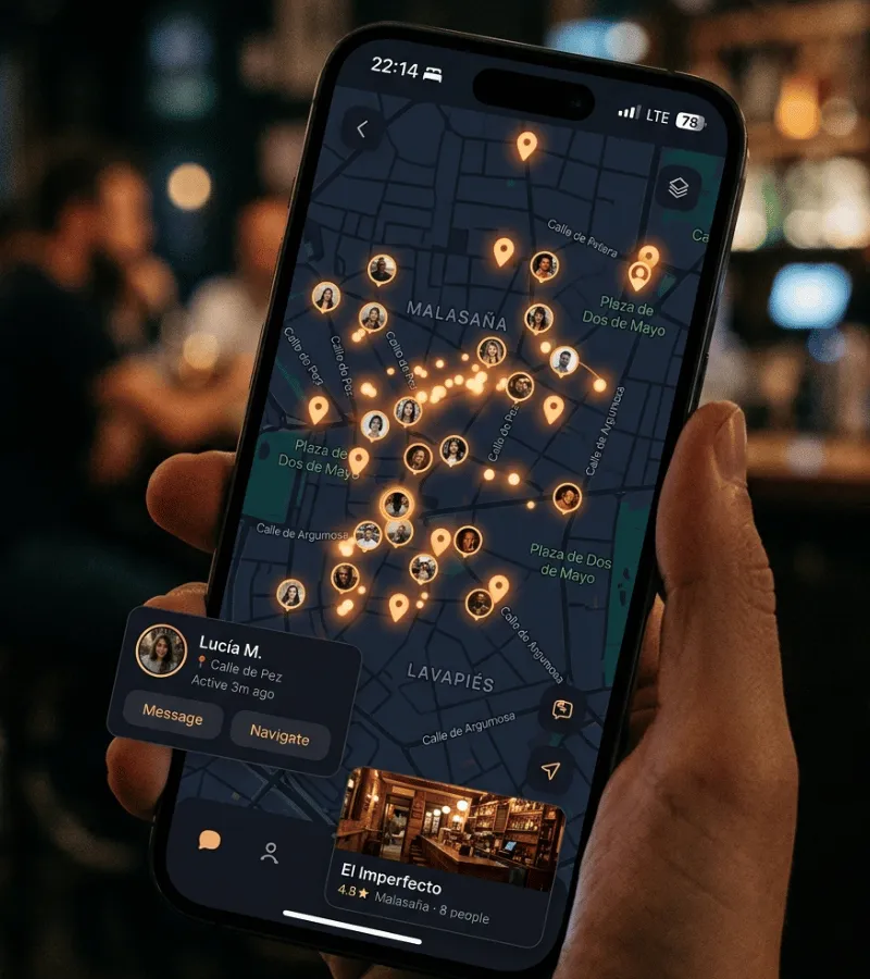 Pantalla de la app Tribe mostrando el mapa en vivo con viajeros y experiencias cerca en Madrid