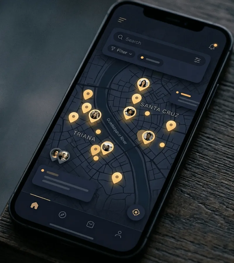 Pantalla de la app Tribe mostrando el mapa en vivo con viajeros y experiencias cerca en Sevilla