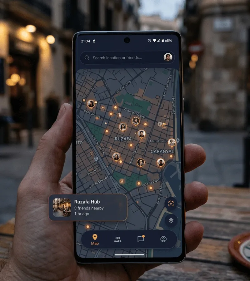 Pantalla de la app Tribe mostrando el mapa en vivo con viajeros y experiencias cerca en Valencia