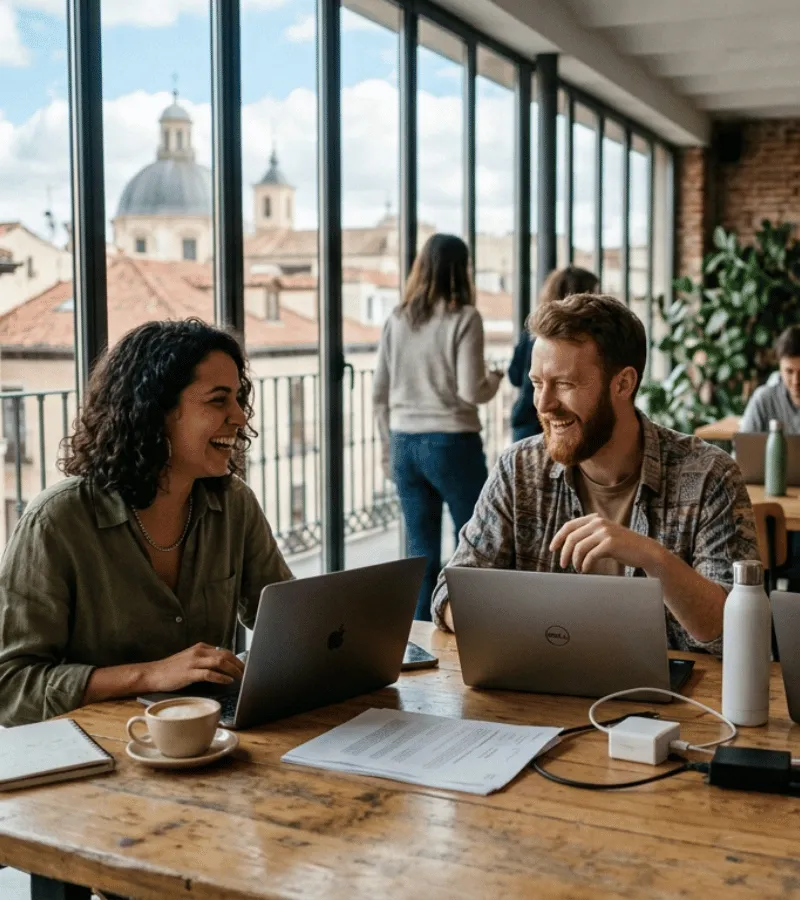 Nómadas digitales trabajando juntos en un espacio de coworking de Madrid conectados a través de la comunidad Tribe