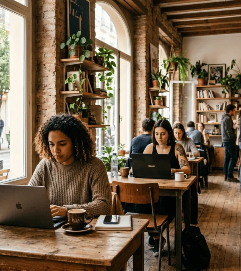 Nómadas digitales en sesión de coworking libre en un café del barrio de Ruzafa en Valencia, conectados a través de Tribe