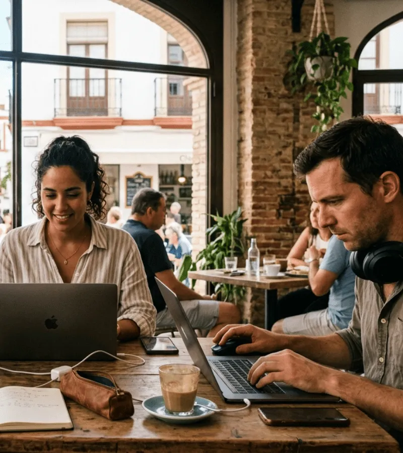 Nómadas digitales en una sesión de trabajo compartido en un café de Sevilla conectados a través de la comunidad Tribe