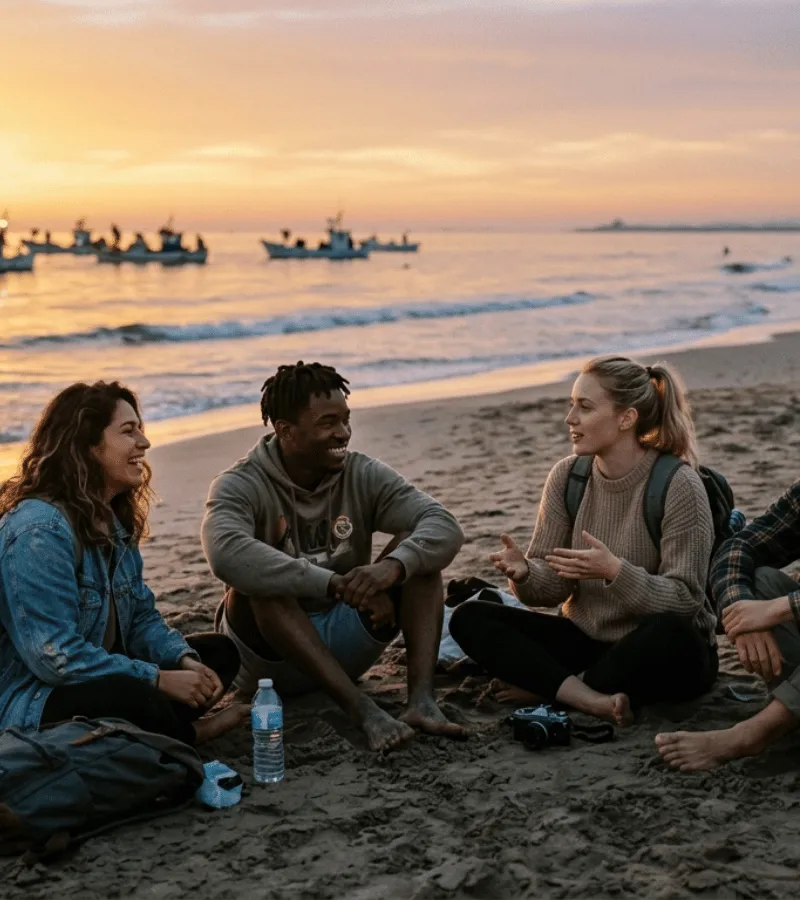 Grupo de viajeros contemplando el amanecer en la playa de la Malvarrosa de Valencia en un plan organizado por la comunidad Tribe