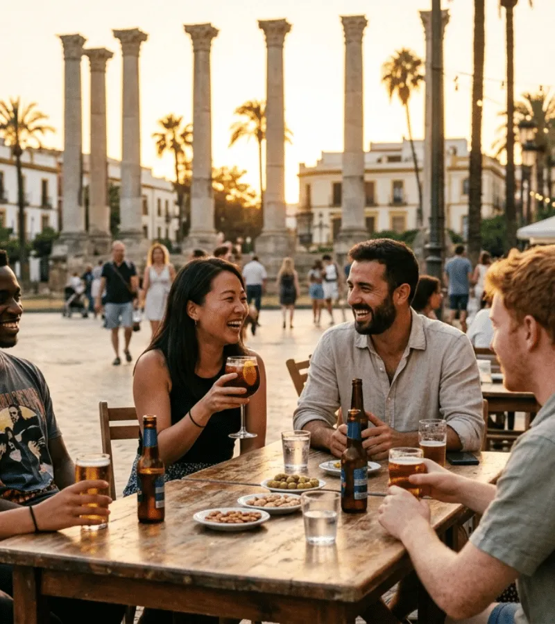 Grupo de viajeros disfrutando del atardecer en la Alameda de Hércules de Sevilla, plan organizado a través de la comunidad Tribe