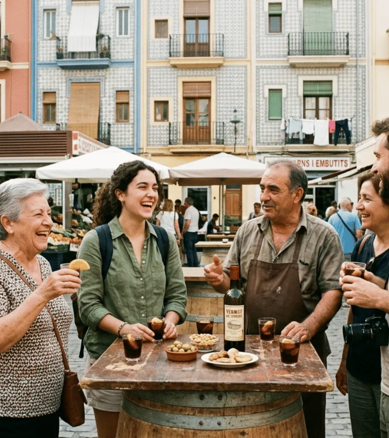 Grupo de viajeros y locales compartiendo vermut en el barrio del Cabanyal de Valencia en un plan de la comunidad Tribe