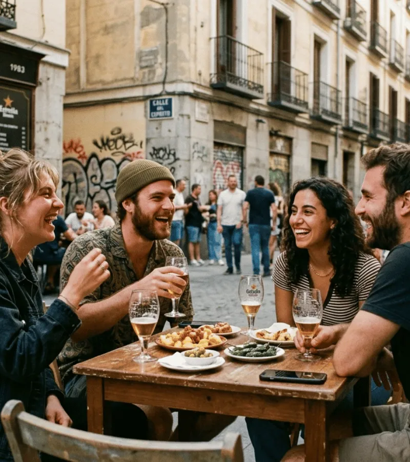 Grupo de viajeros en una terraza de Malasaña en Madrid, conocidos a través de la app Tribe